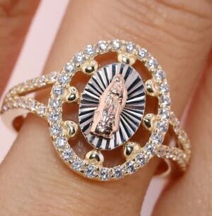 Sterling Silver Our Lady of Guadalupe ( Mary )Halo Ring - Tri-Color Gold Plated